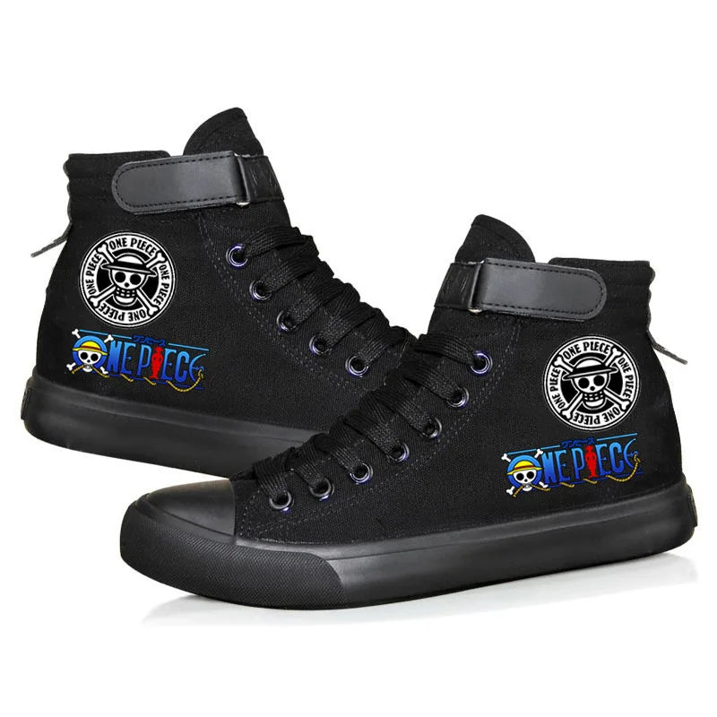 Trendy One Piece Luffy High Top Shoes featuring anime character art, designed as breathable non-slip leisure sports sneakers for students.