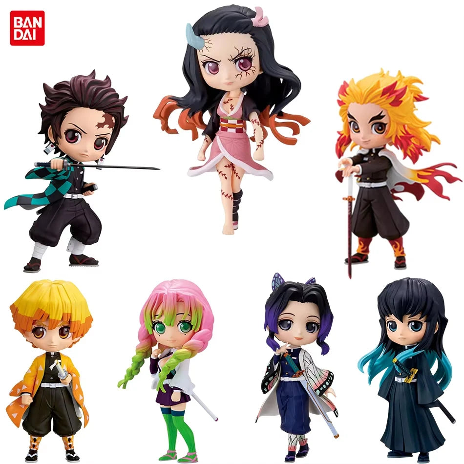 A 15cm kawaii Qposket Demon Slayer Figure made of PVC, featuring characters like Nezuko, Tanjiro, and Rengoku for anime collection.