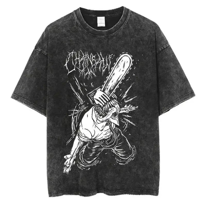A unisex Chainsaw Man Vintage T-shirt in washed cotton with a Harajuku oversized streetwear fit.