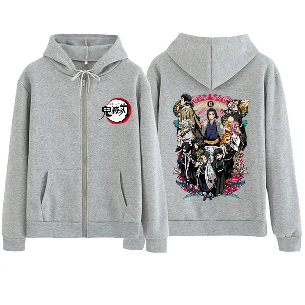 A unisex, oversized Demon Slayer Zipper Hoodie, serving as a full zip anime sweatshirt jacket and coat top for men and women.