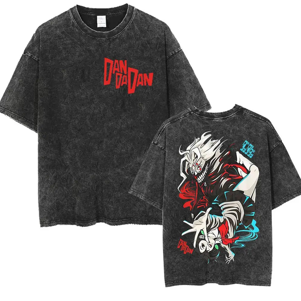 A unisex vintage washed Japan Anime Dandadan Okarun Graphic T Shirt made from high-quality cotton for streetwear fashion.