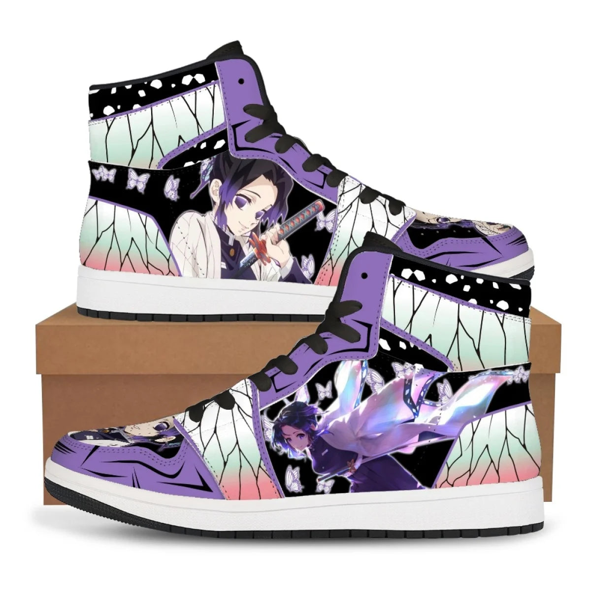 High-top Demon Slayer Sneakers featuring Tanjiro Kamado and Nezuko Kamado anime designs, styled as fashionable basketball shoes for men and women.