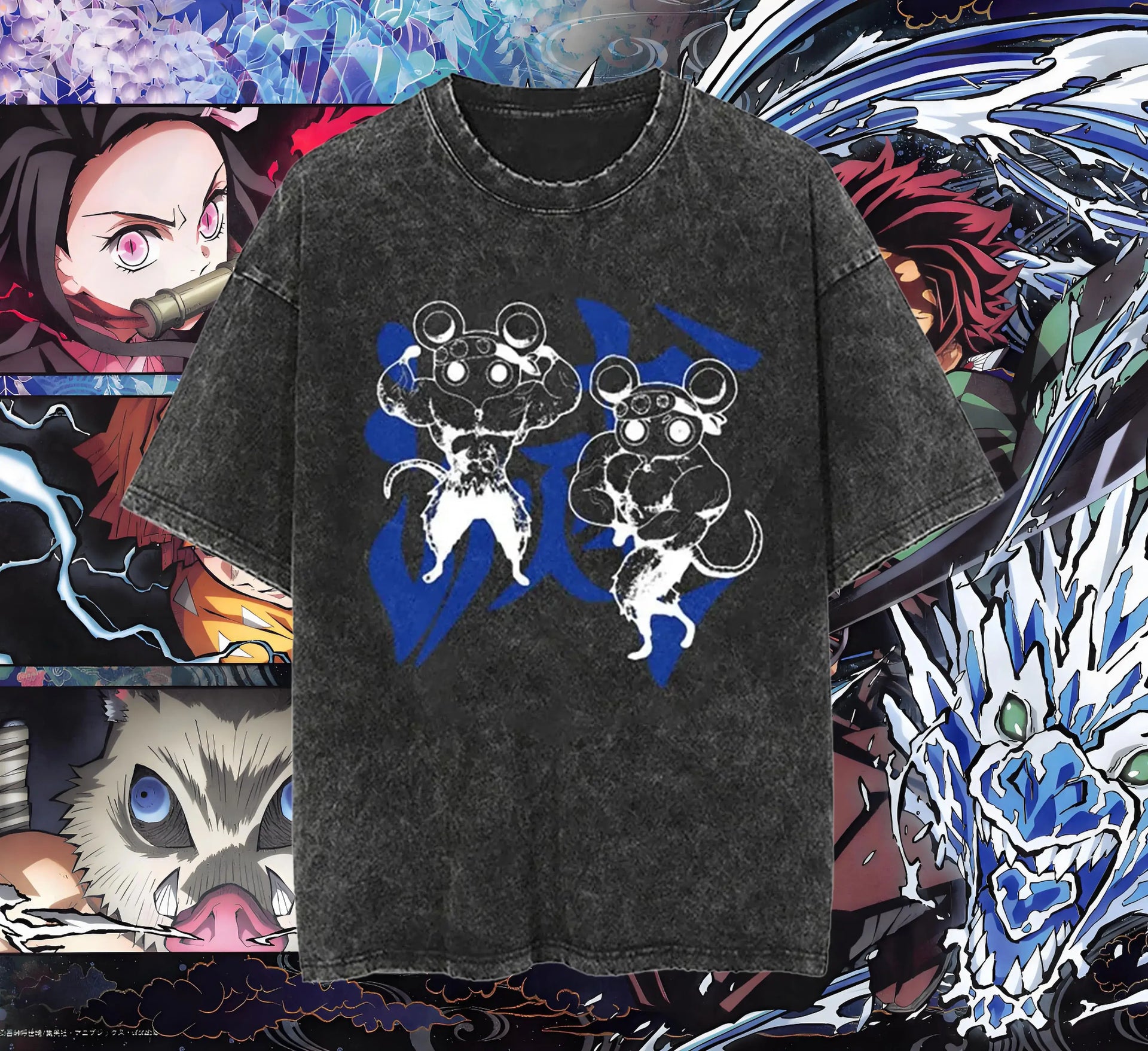 Men's Acid Washed TShirt Streetwear with an oversized fit and a Japanese anime graphic, showcasing a vintage washed black Harajuku style.