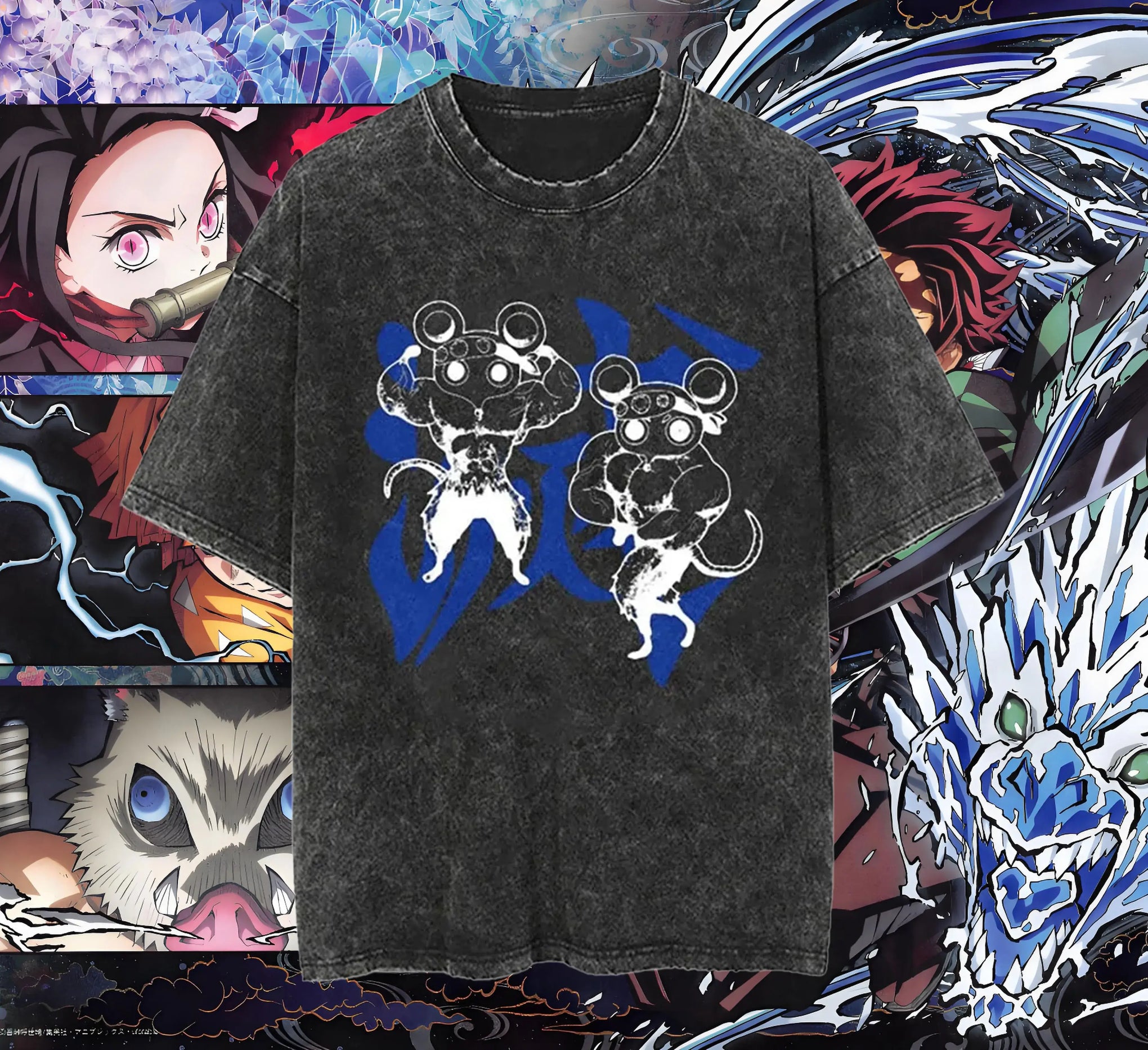 Men's Acid Washed TShirt Streetwear with an oversized fit and a Japanese anime graphic, showcasing a vintage washed black Harajuku style.