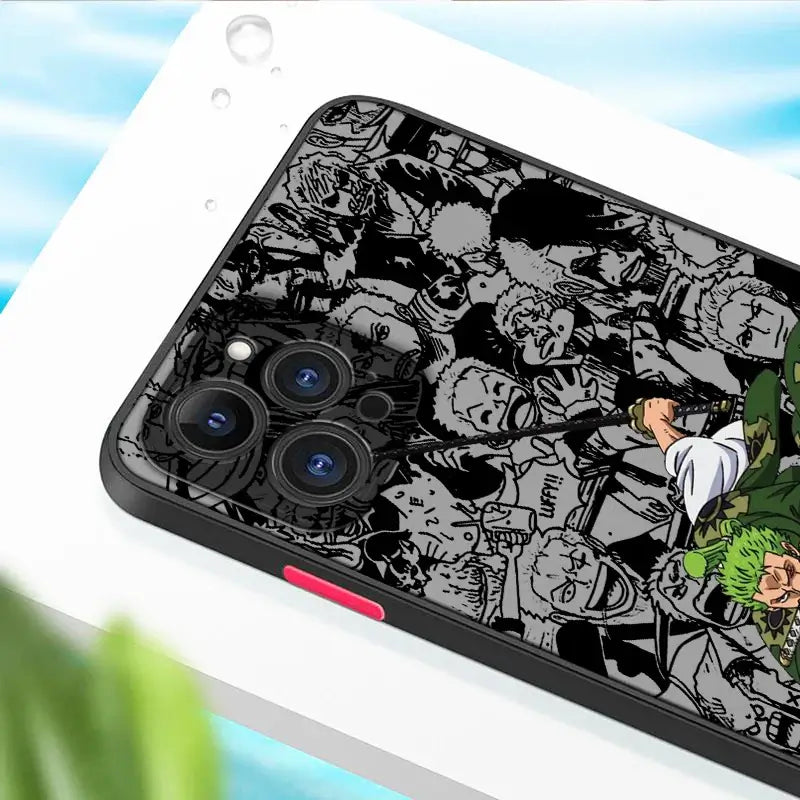 A luxury One Piece iPhone Case with frosted translucent finish and anime art, fitted for Apple iPhone 15, 14, and 13 Pro Max.