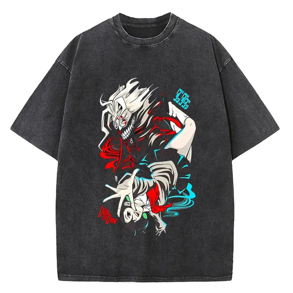 A high-quality cotton men's Dandadan Okarun T-shirt with a Japanese anime cartoon print and aesthetic fashion design.