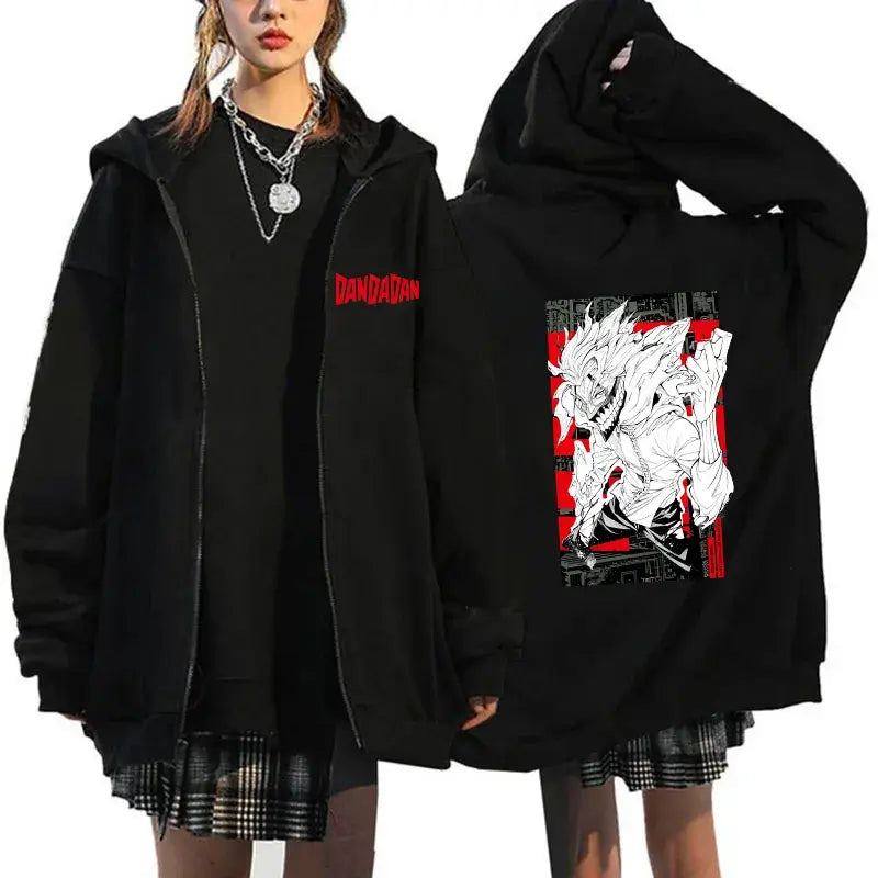 A youthful female model wearing the funny designer Dandadan Okarun Zip Up Hoodie with an anime and manga print.