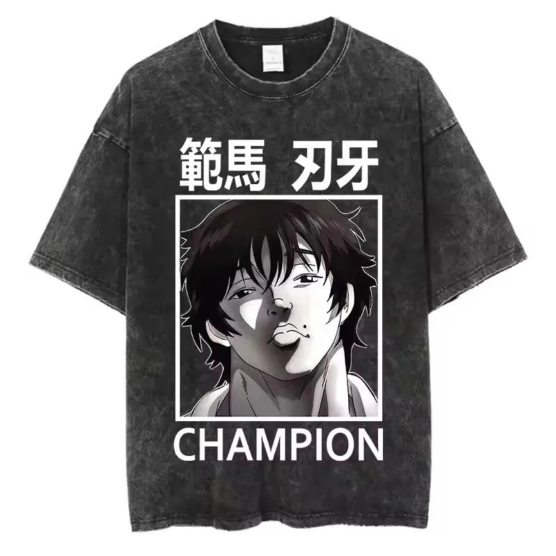 A high-quality pure cotton Baki Anime T-shirt featuring a graphic print of Baki Hanma, designed as a casual loose fit top for men and women.