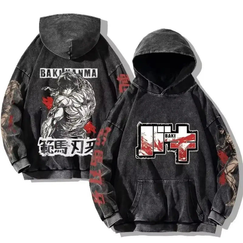A plus-size Baki Hanma Anime Print Hoodie in a vintage washed cotton Harajuku streetwear style for men and women.