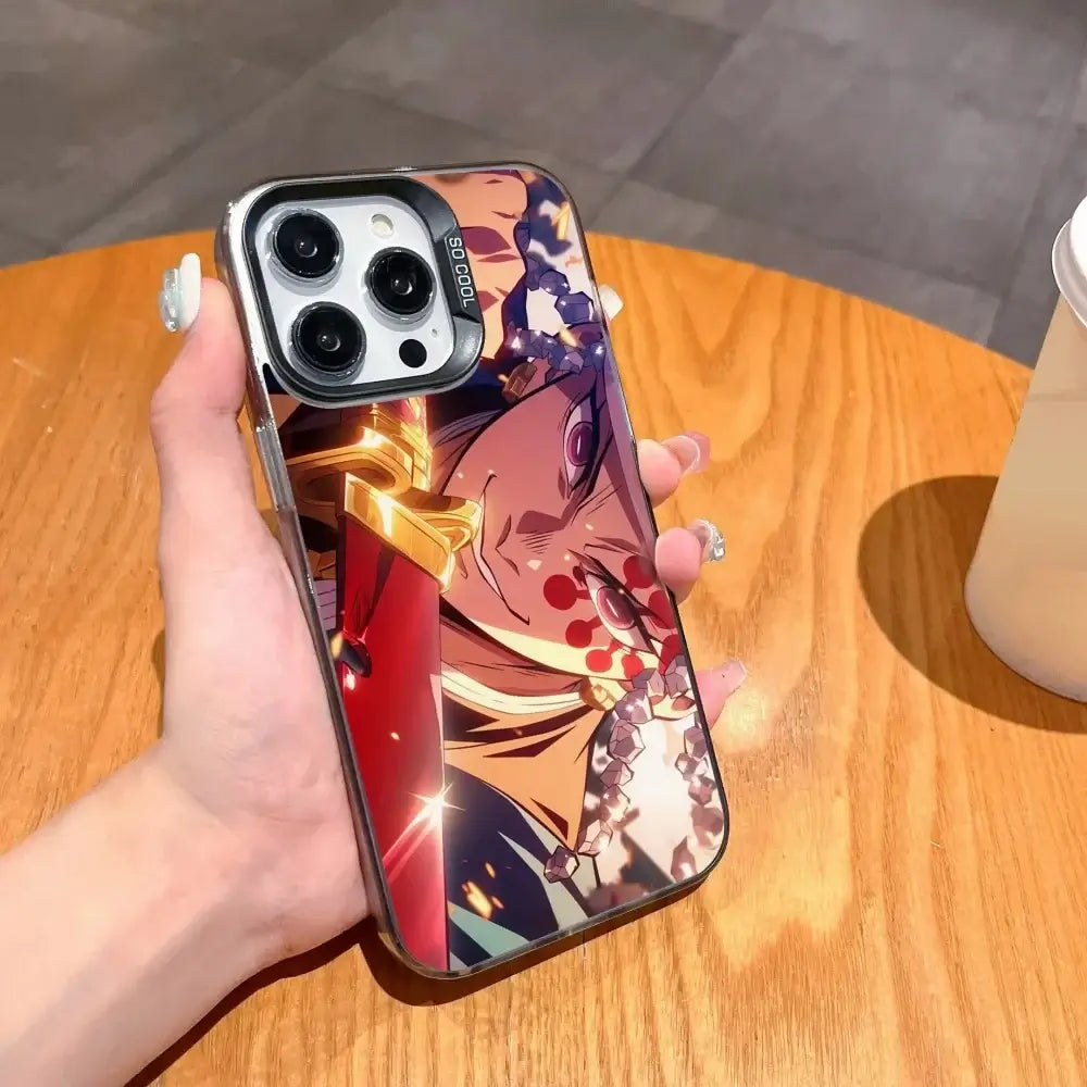 A matte black Demon Slayer Phone Case featuring cool anime character art and shockproof silicone protection for Apple iPhone 16, 15, and 14 Pro Max.