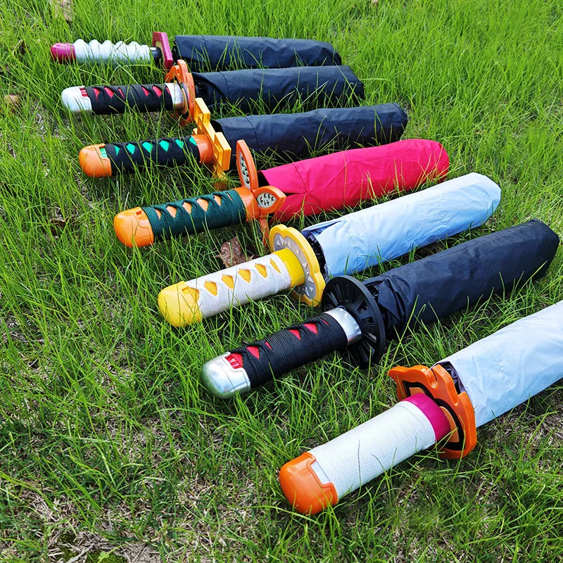 A black Tanjiro Katana Umbrella featuring a replica Nichirin sword handle and UV blocking canopy, inspired by the Demon Slayer anime.
