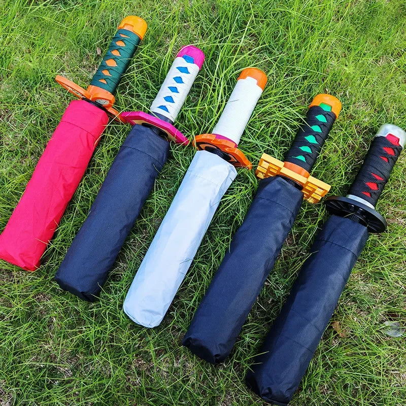 A black Tanjiro Katana Umbrella featuring a replica Nichirin sword handle and UV blocking canopy, inspired by the Demon Slayer anime.