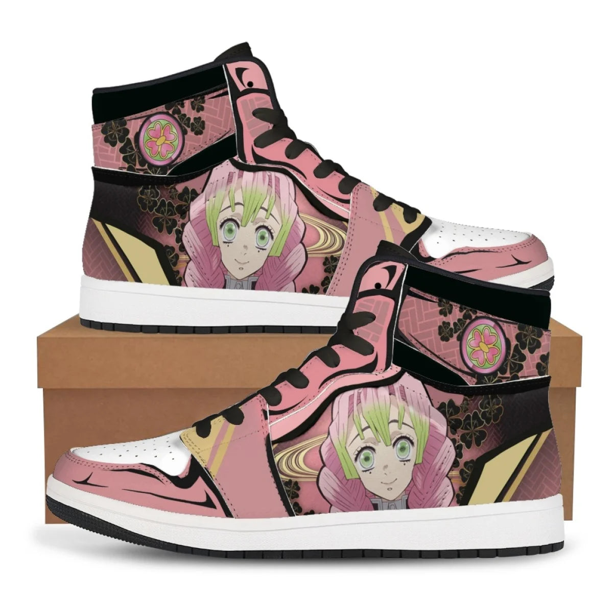 High-top Demon Slayer Sneakers featuring Tanjiro Kamado and Nezuko Kamado anime designs, styled as fashionable basketball shoes for men and women.