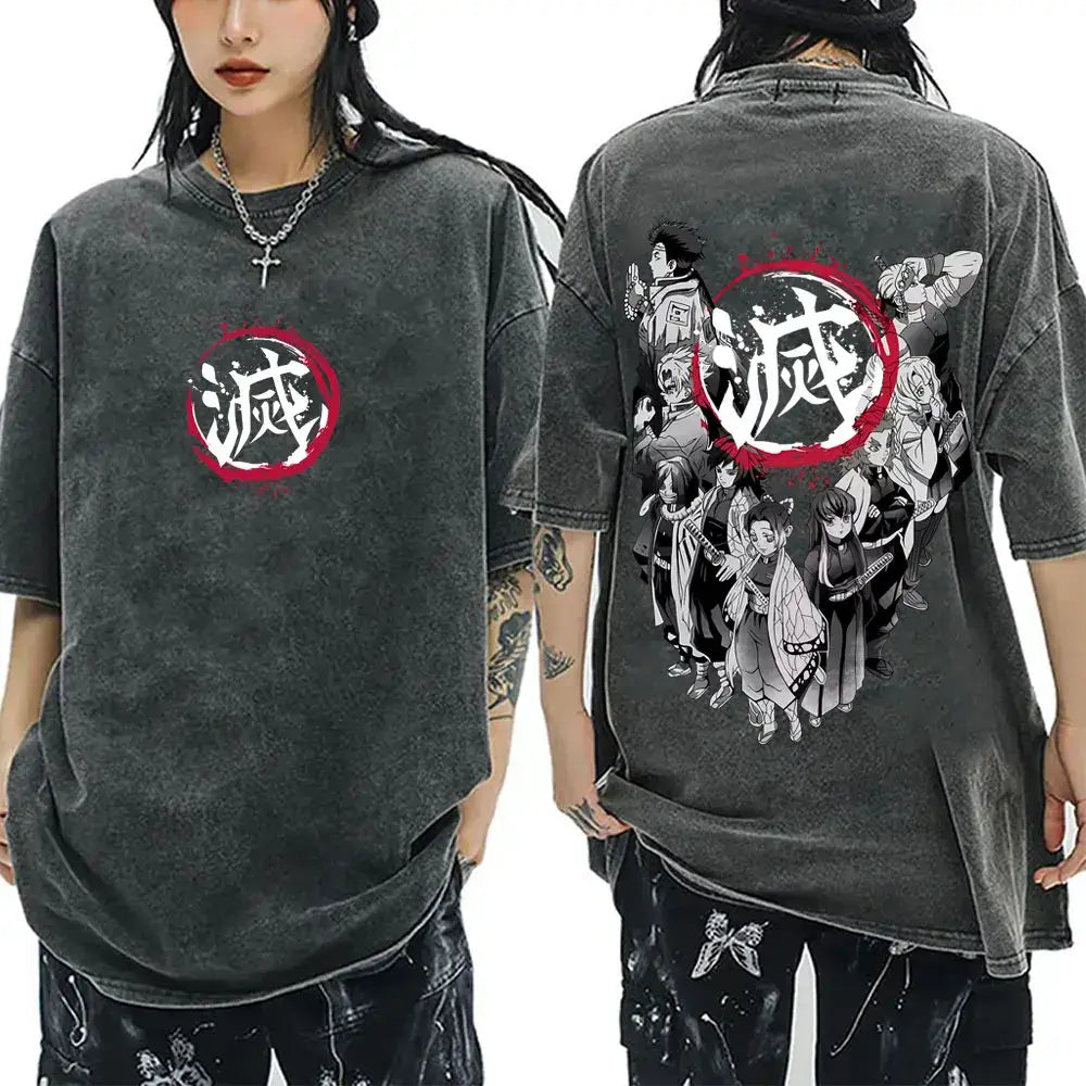 A vintage washed Demon Slayer Serpent Hashira Iguro Obanai T Shirt in a casual, oversized style for men and women.