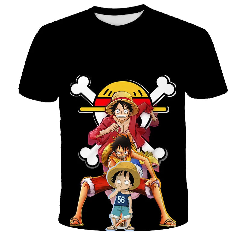 A loose-fit One Piece Luffy T-shirt featuring a cool cartoon Monkey D. Luffy graphic, designed for boys and men as casual anime streetwear.
