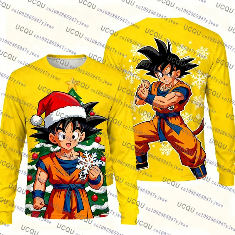 A festive Christmas Dragon Ball Hoodie featuring Goku and anime graphics, designed as an oversized autumn winter pullover for men and women.