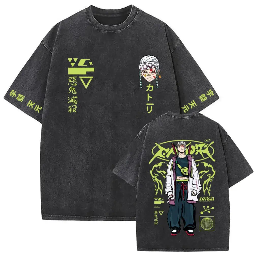 A vintage washed Demon Slayer Daki Graphic T-shirt with a cherry blossom design, an oversized casual cotton tee for men and women.