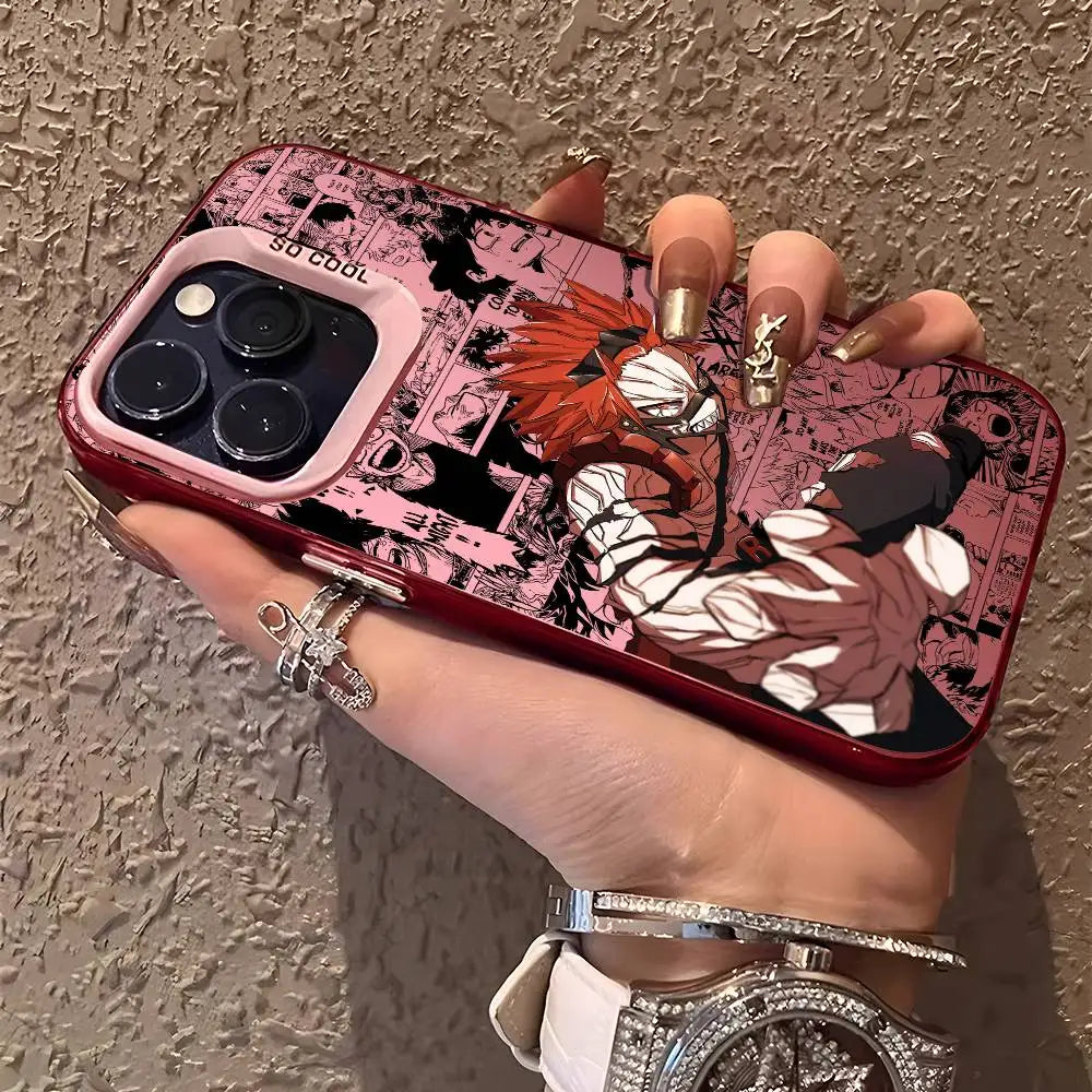A shockproof Eijiro Kirishima Phone Case featuring a multicolor aurora laser finish and Red Riot anime art, compatible with Apple iPhone 16, 15, and 14 Pro Max.