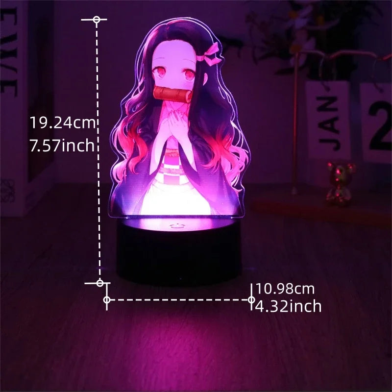 A glowing Demon Slayer 3D Lamp featuring an acrylic Tanjiro and Nezuko figure design, illuminated in blue LED light for bedroom decor.