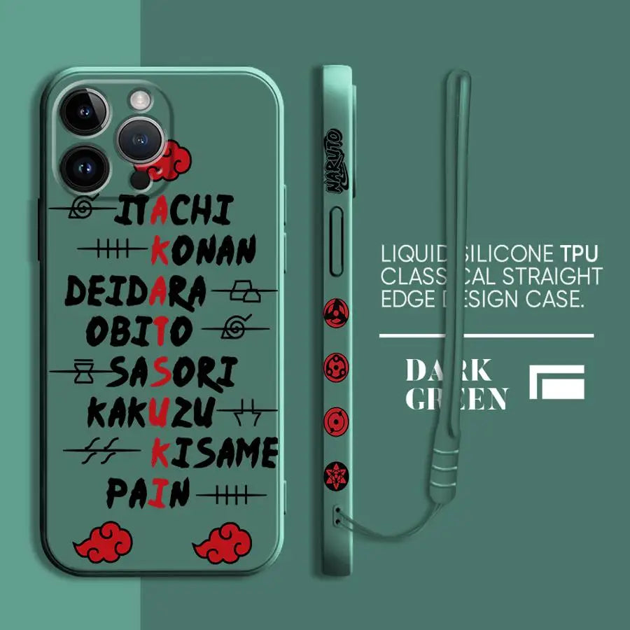 A black Akatsuki Cloud Phone Case featuring the red cloud symbol pattern, compatible with Apple iPhone 16, 15, 14 Pro Max, and 13.