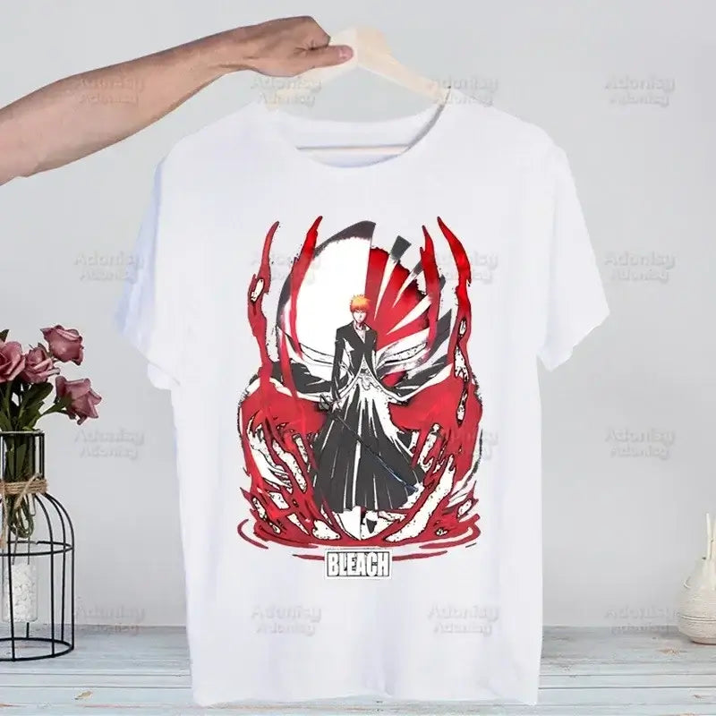 A men's Bleach Kurosaki Ichigo T-shirt in a funny Harajuku hip hop streetwear style for summer.