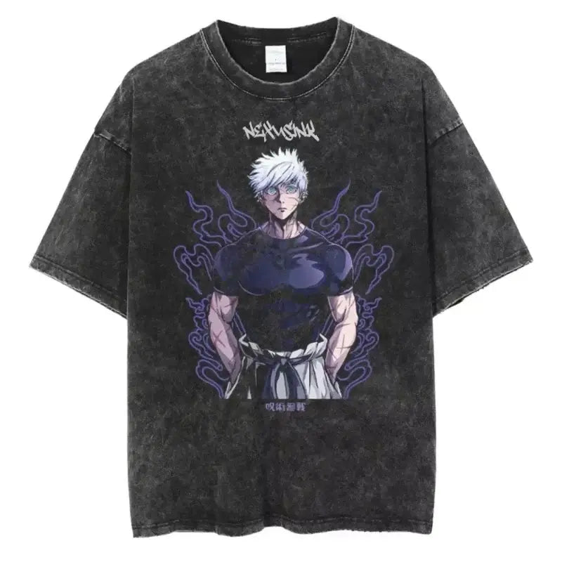 A vintage-style Ryomen Sukuna Washed T-Shirt in oversized cotton, featuring a high-definition graphic of the King of Curses for anime streetwear.