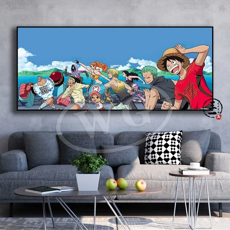 A high-quality One Piece decorative painting featuring Monkey D. Luffy, Roronoa Zoro, and Portgas D. Ace as a sofa background wall hanging.