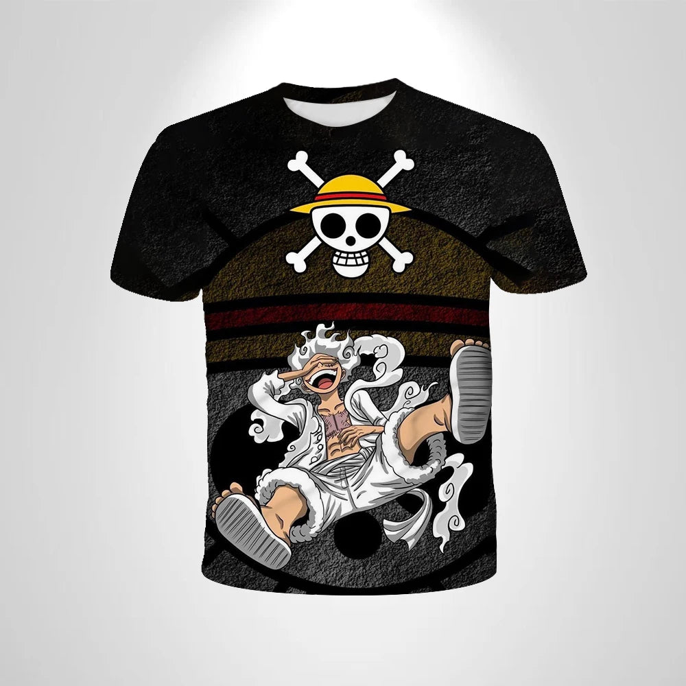 A loose-fit One Piece Luffy T-shirt featuring a cool cartoon Monkey D. Luffy graphic, designed for boys and men as casual anime streetwear.