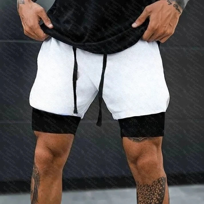 A man wearing the white One Piece Running Shorts for the gym, with a double layer and Straw Hat Crew design.