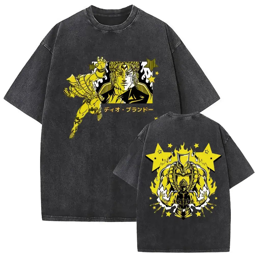 A washed Jojo Bizarre Adventure Vintage T-shirt featuring high-quality manga prints of Jotaro Kujo, Dio, and Giorno for men and women.