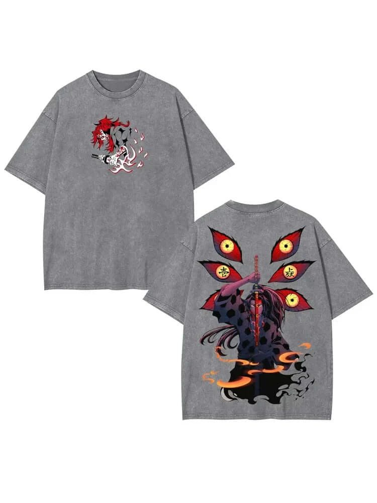 A vintage washed Harajuku Anime Demon Slayer Graphic T-shirt Kokushibo in an oversized hip hop streetwear style for men and women.