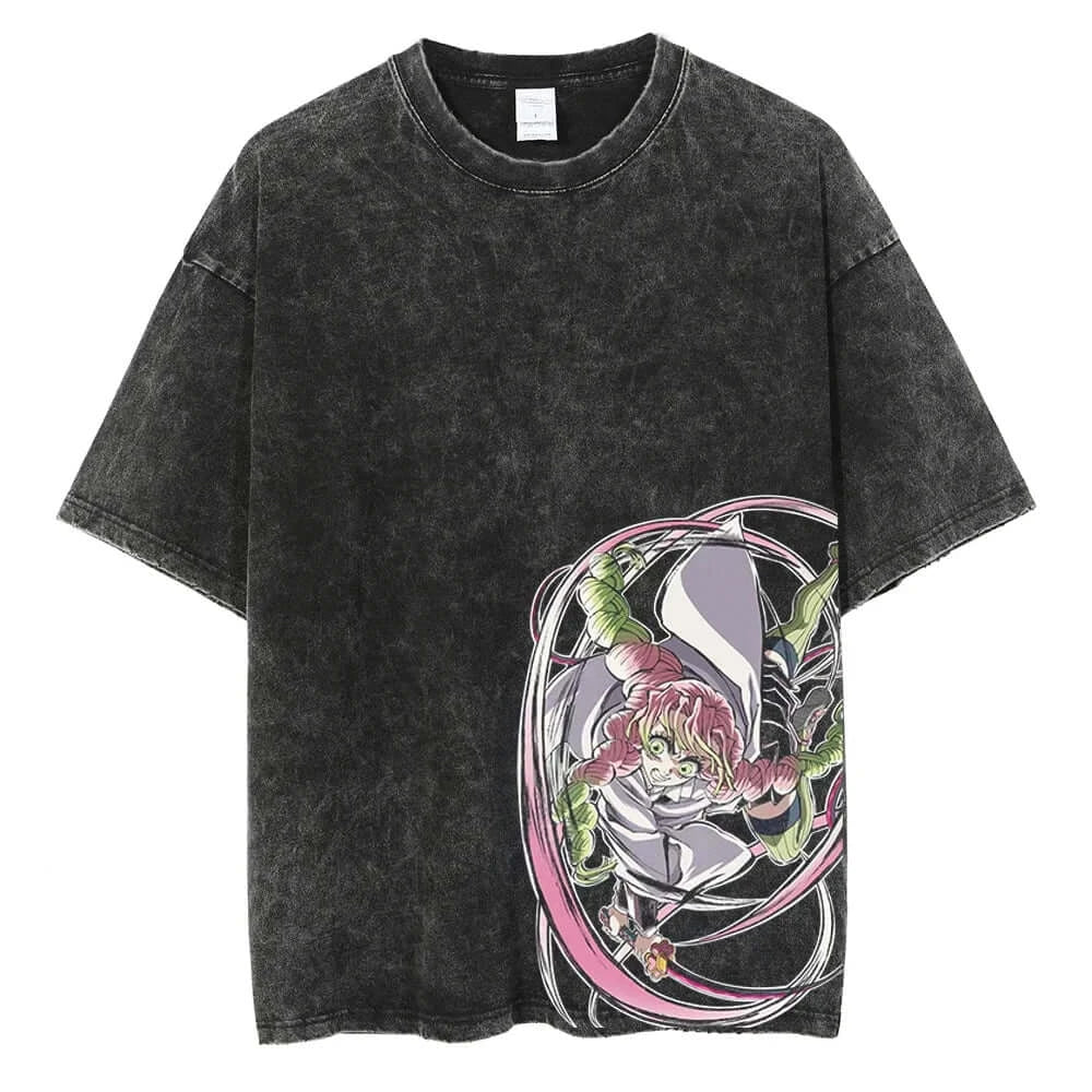 A men's vintage Demon Slayer Kamado Tanjirou Graphic Print T Shirt in a washed cotton Harajuku style.