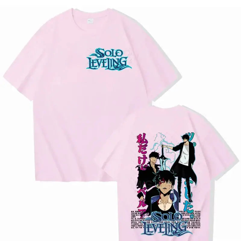 A cool black Solo Leveling T-shirt made of cotton, featuring a high-definition Sung Jinwoo anime graphic in Harajuku street style for men and women.