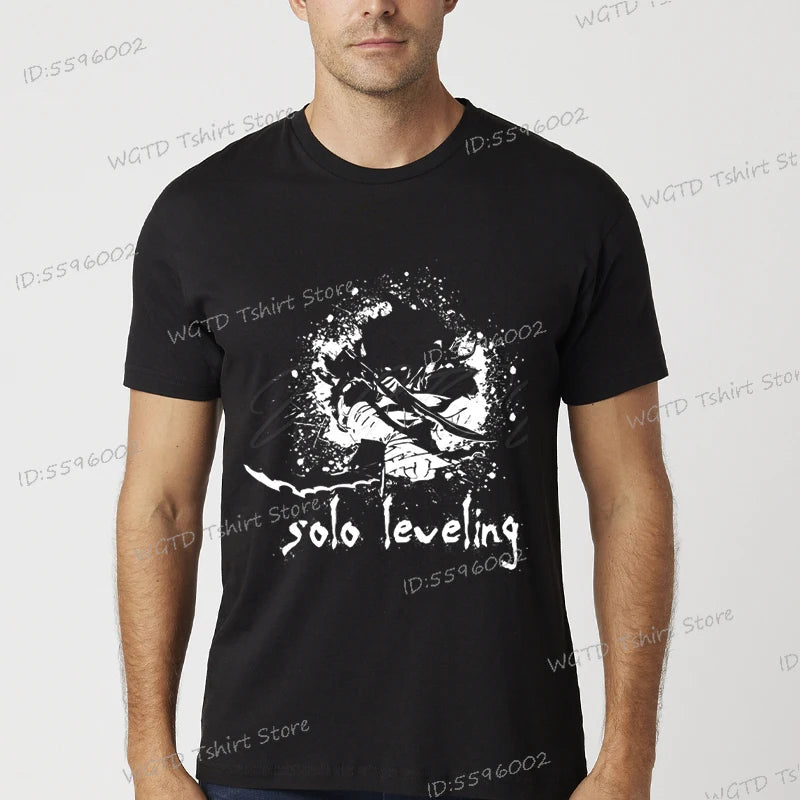 A vintage black Solo Leveling Anime T-Shirt featuring a funny Sung Jinwoo graphic print, available in sizes S to 4XL for men and women.