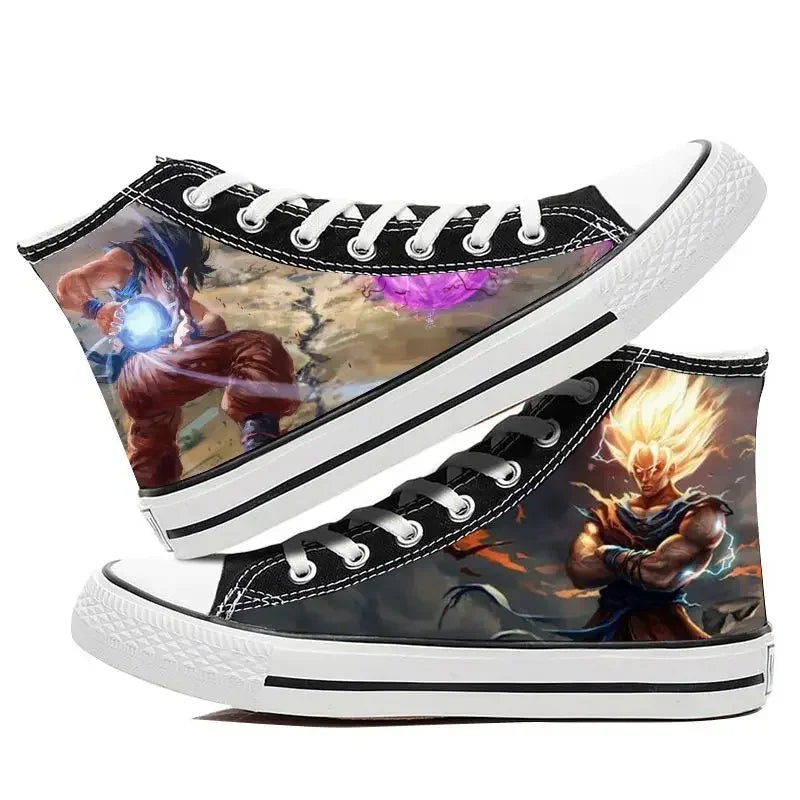 Trendy Dragon Ball High Top Canvas Shoes featuring Goku and Vegeta animation art, breathable flat sneakers for students and fans.