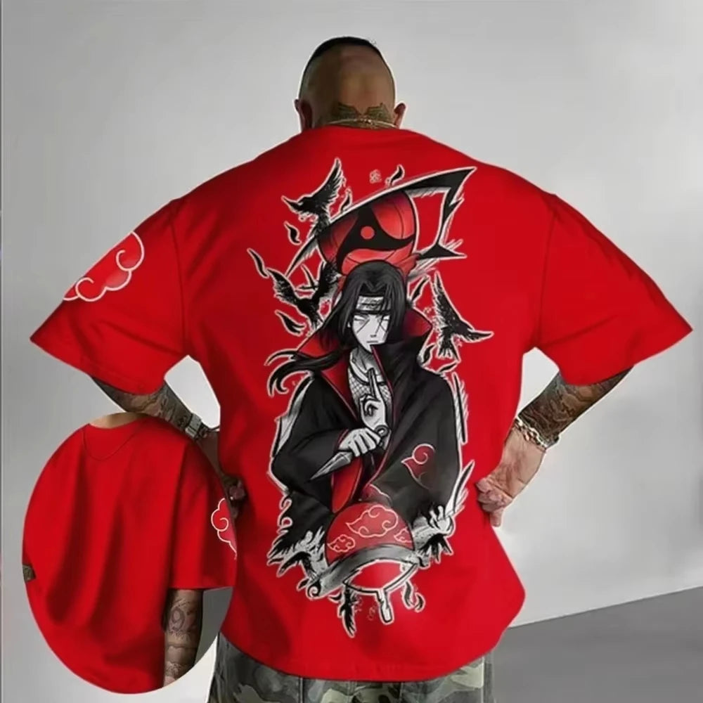 A breathable cotton Uchiha Itachi Oversized T-shirt by MINISO, featuring a sporty graphic print of the Akatsuki member for adults and children.