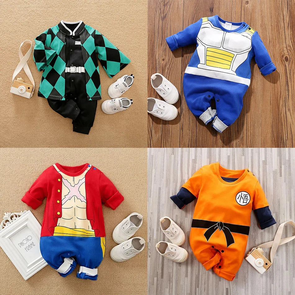 A newborn infant wearing the Baby Anime Costume, a cosplay jumpsuit available in Luffy, Akatsuki, and Vegeta styles.