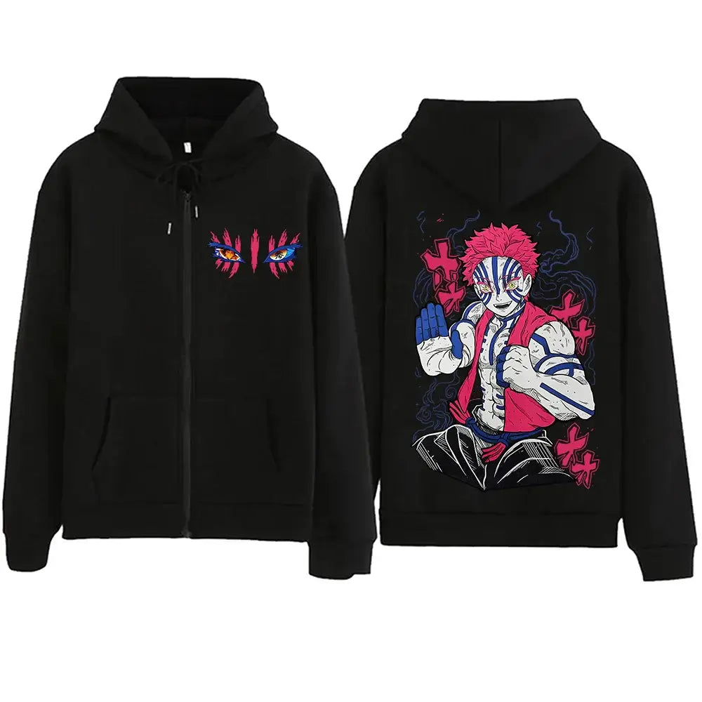 An oversized Harajuku Demon Slayer Akaza Hoodie for men and women, featuring a printed design of Akaza and the Infinity Castle.