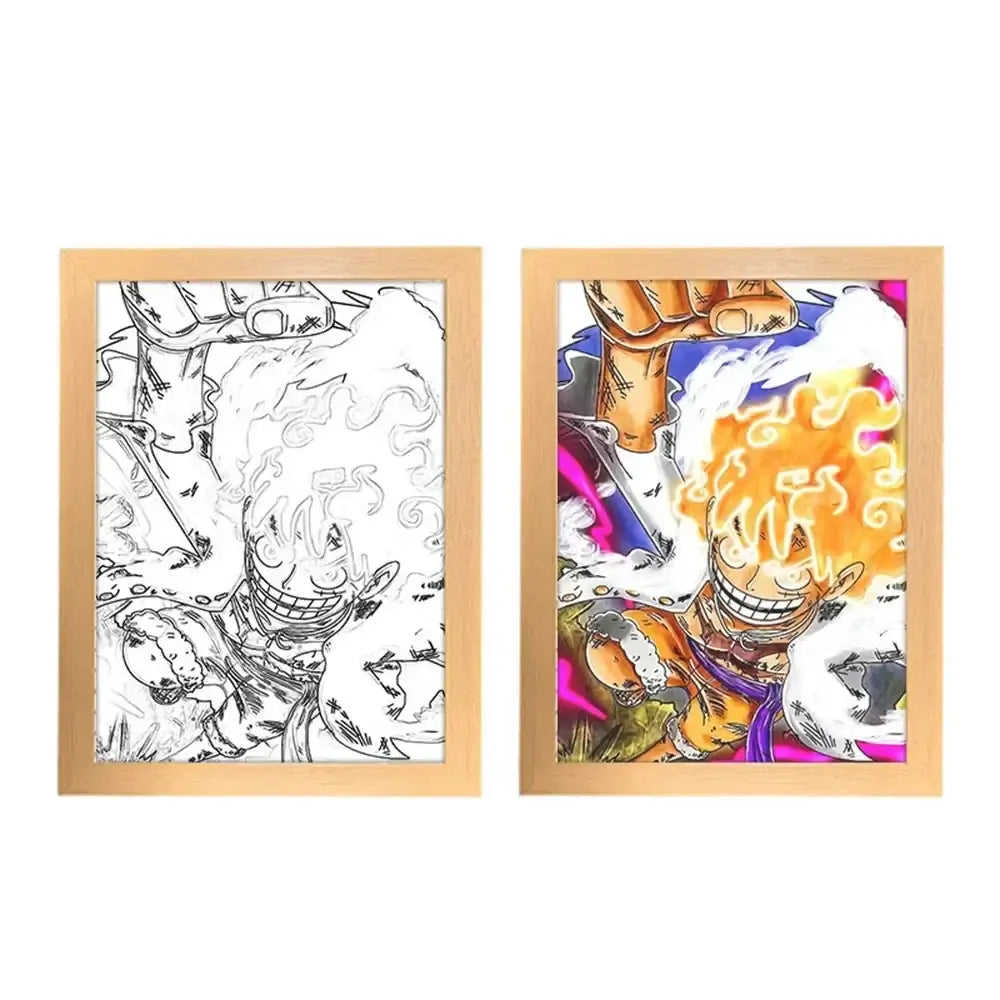 A creative One Piece Photo Frame Night Light displaying anime characters Luffy and Zoro, serving as a bedside decoration painting.