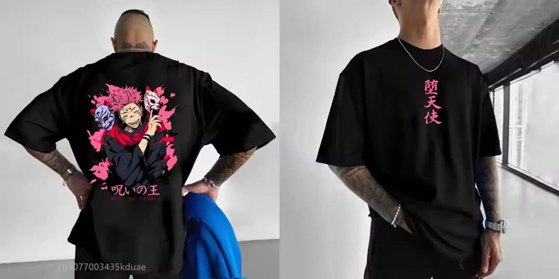 A black Jujutsu Kaisen T-Shirt for men featuring a high-definition anime graphic print, styled for casual streetwear.