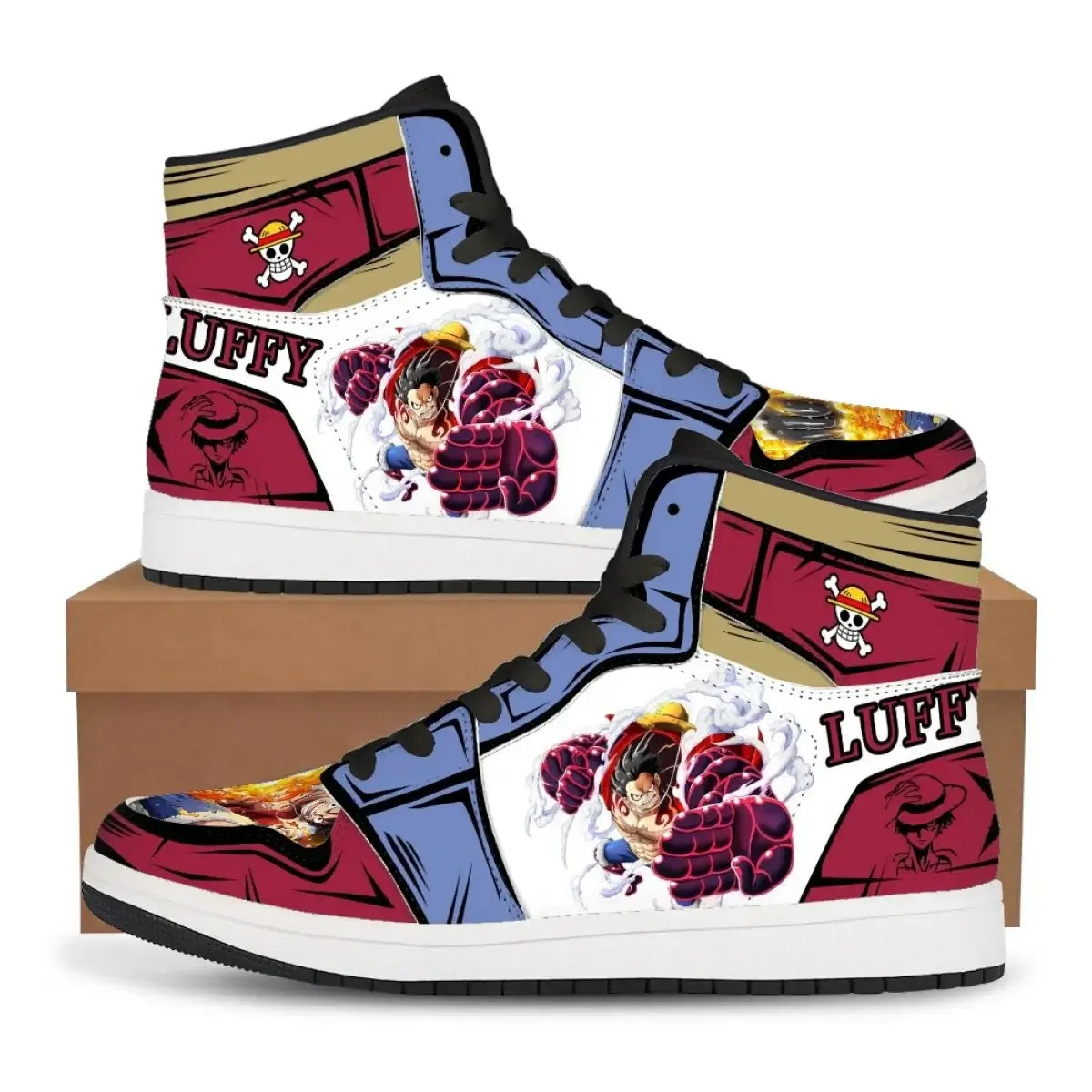 A pair of custom One Piece Basketball Shoes featuring anime designs of Luffy and Zoro, suitable as unisex sneakers.