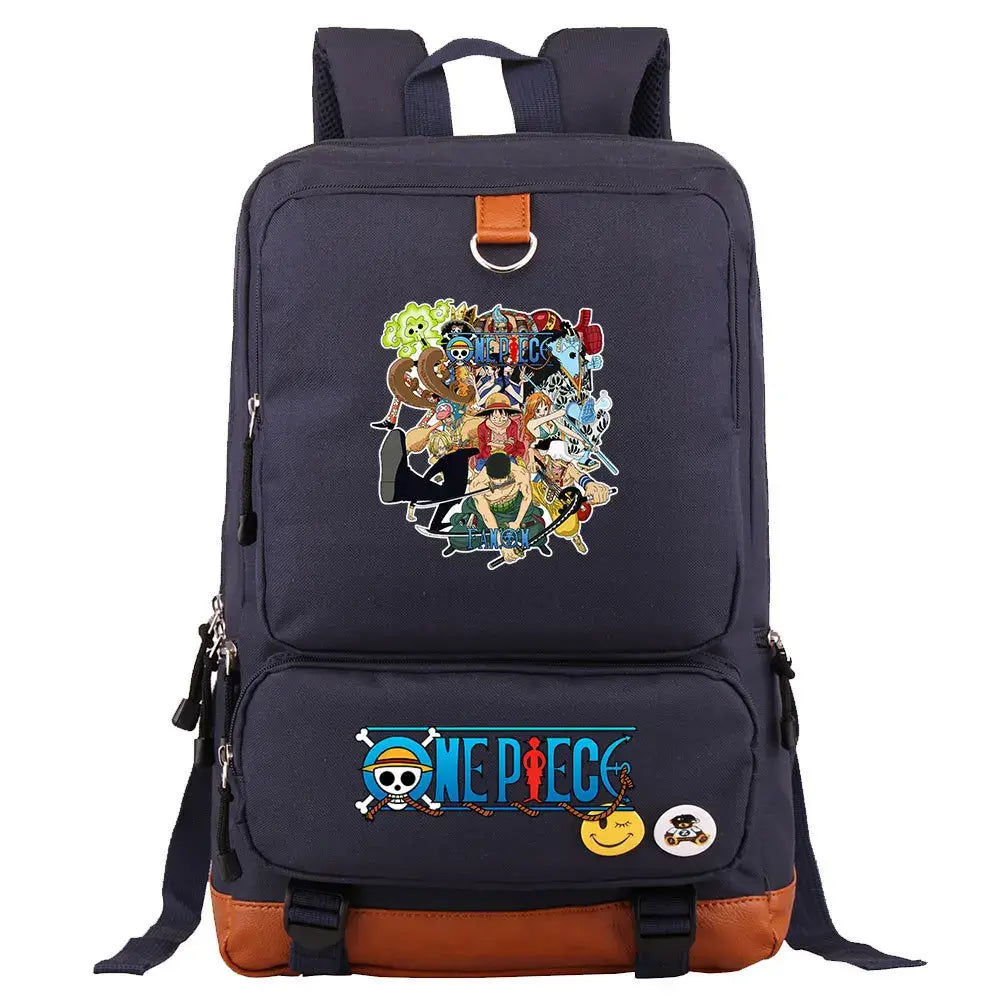 A large, unisex One Piece Luffy Printed Unisex Backpack suitable for school and travel, with compartments for a laptop and iPad.