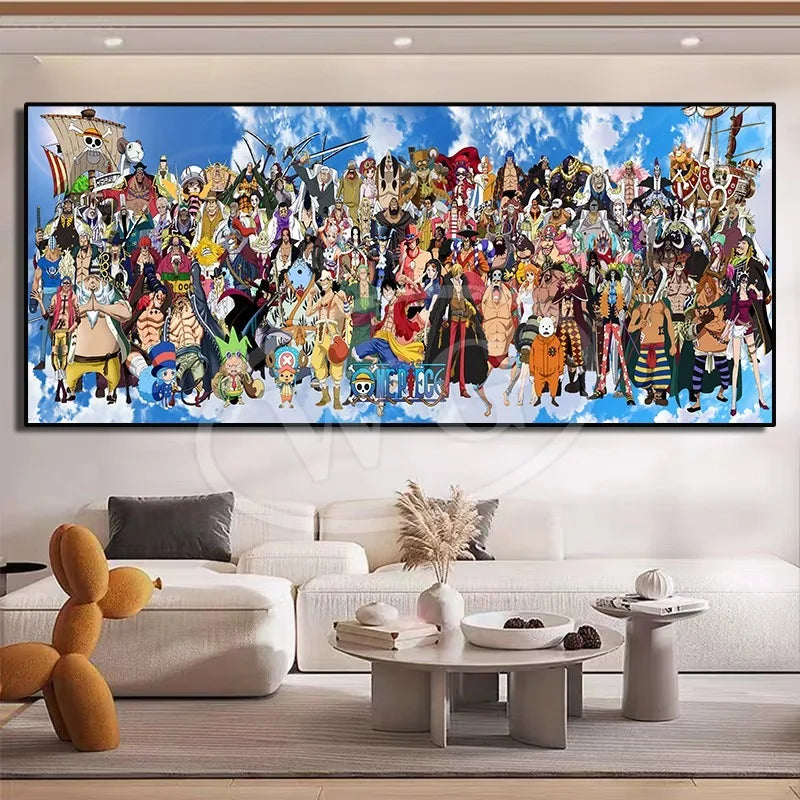 A high-quality One Piece decorative painting featuring Monkey D. Luffy, Roronoa Zoro, and Portgas D. Ace as a sofa background wall hanging.