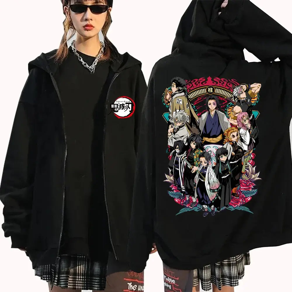 A unisex, oversized Demon Slayer Zipper Hoodie, serving as a full zip anime sweatshirt jacket and coat top for men and women.