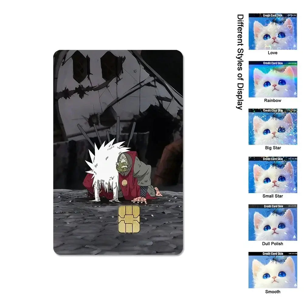 A waterproof Naruto Credit Card Skin PVC sticker featuring Uchiha Sasuke anime art applied to a standard debit bank card.