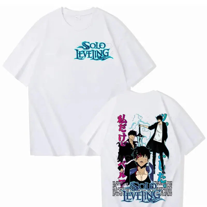 A cool black Solo Leveling T-shirt made of cotton, featuring a high-definition Sung Jinwoo anime graphic in Harajuku street style for men and women.