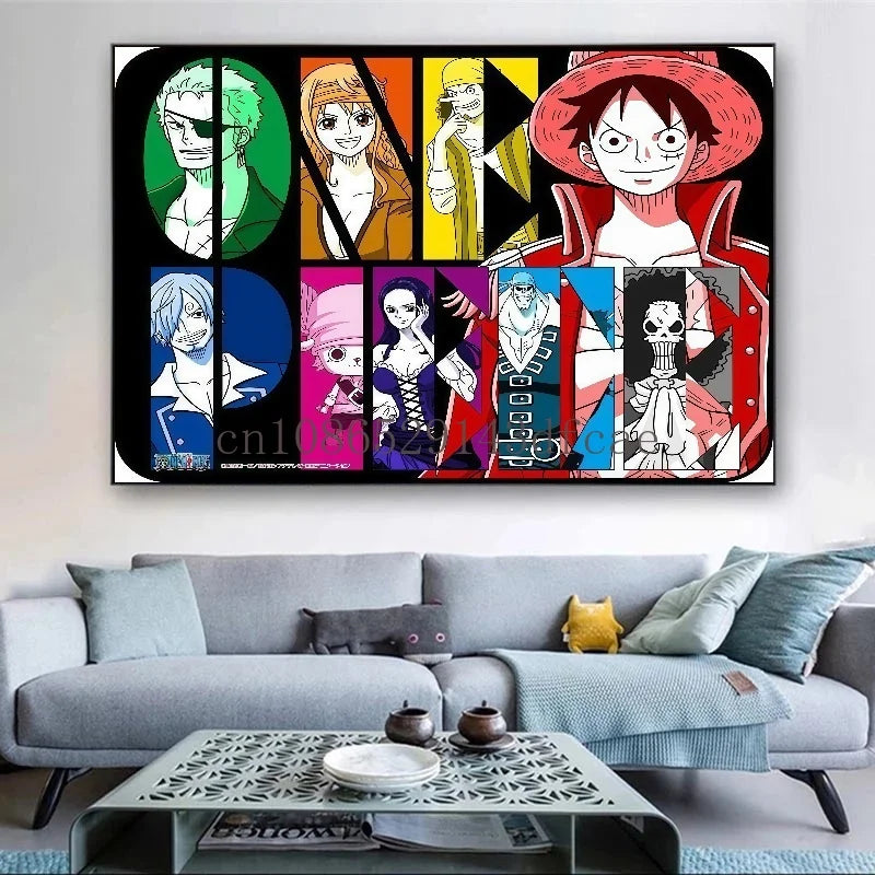 A high-definition One Piece Canvas Painting featuring Monkey D. Luffy in a watercolor art style, hanging on a modern living room wall.