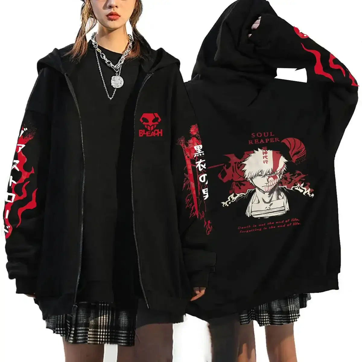Japan Anime Bleach Kurosaki Ichigo Zip Up Hoodie with printed graphic for men and women.