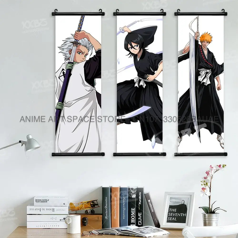 Bleach Anime Posters of Ichigo and Rukia wall art scroll in black robes for perfect home decor.