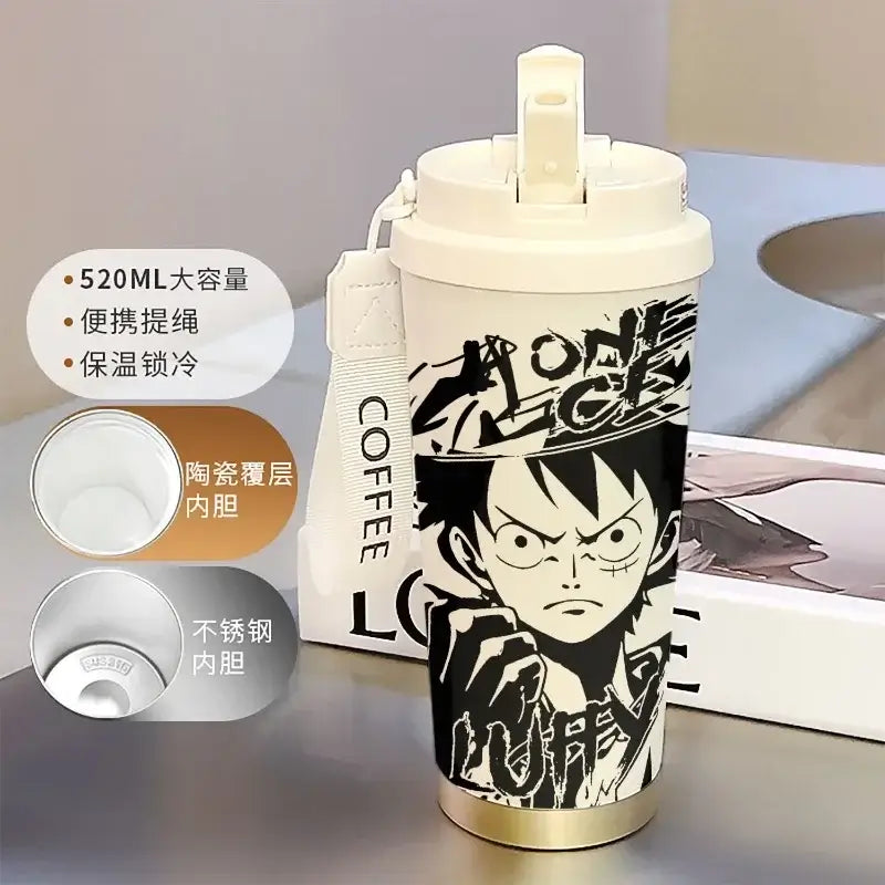 A 520ml One Piece Thermos Cup featuring anime figures Luffy and Zoro, designed as a large capacity coffee travel mug with a straw for outdoor sports.